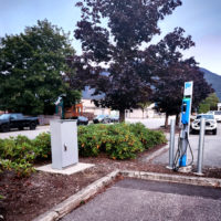 EV charge kiosks in parking lot