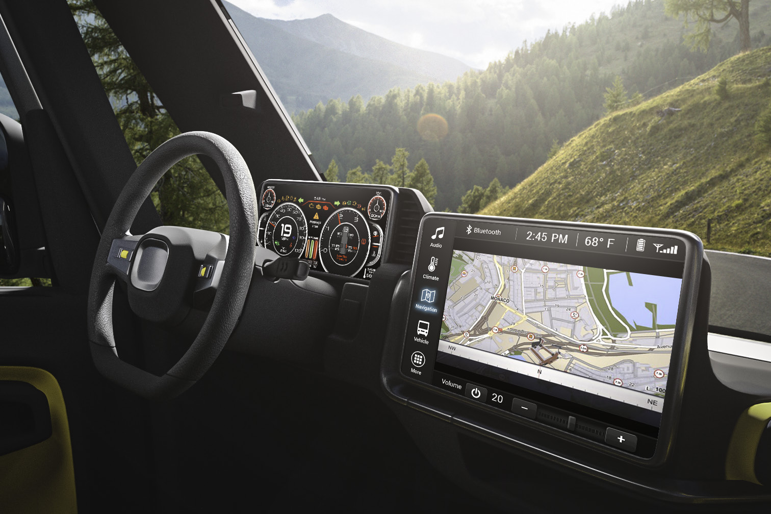 Valid infotainment and instrument cluster installed in vehicle with mountain view