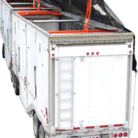 Truck and trailer on white background showing how Valid's automatic trucking tarp system works.