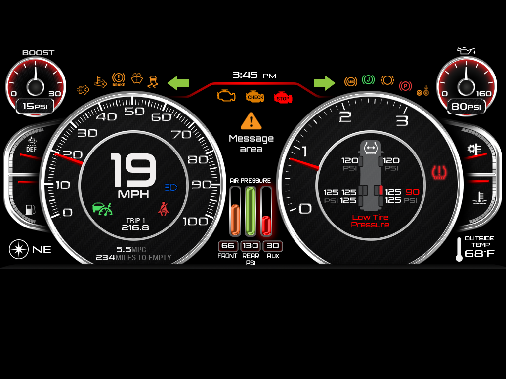 Valid instrument cluster showing speed, RPM, engine temperature and other vehicle information.