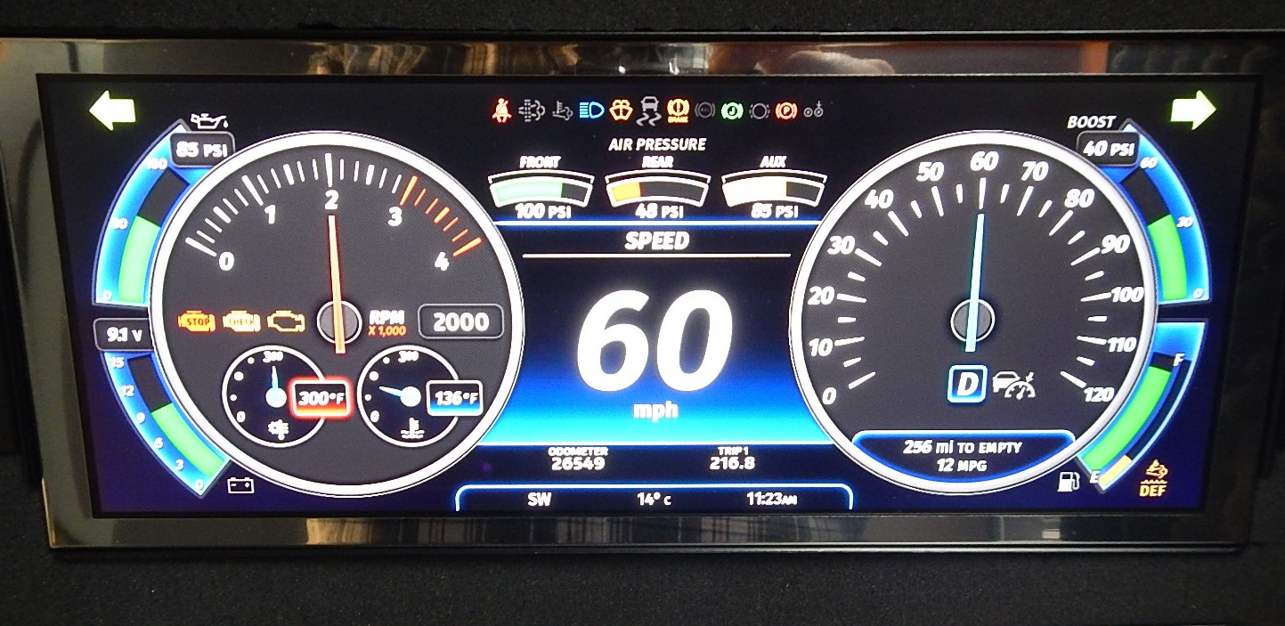 Valid instrument cluster showing speed, RPM, engine temperature and other vehicle information.