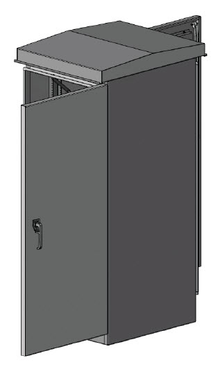 Rendering of an Aluminum Double Sided, Single Door Kiosk.