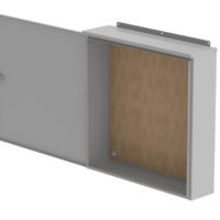 Empty wall mounted commercial enclosure with door open on a white background.