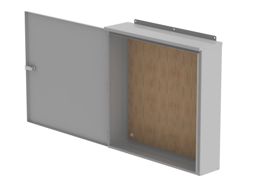 Empty wall mounted commercial enclosure with door open on a white background.