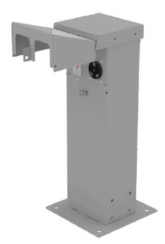 Rendering of a Pad Mount RV Power Pedestal with While-In-Use Cover.